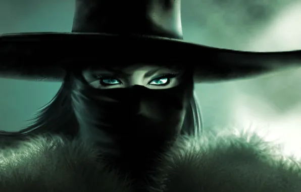 Picture girl, hat, mask, shawl, Zorro