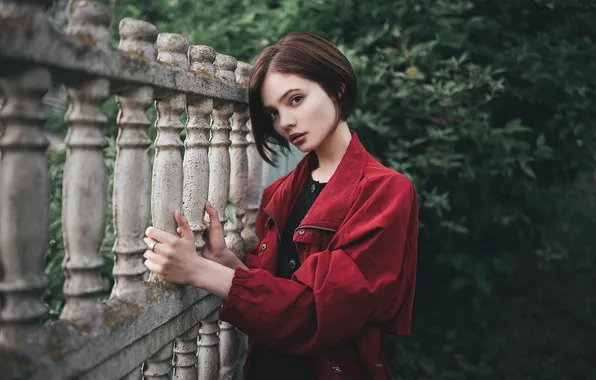 Girl, the fence, brunette, the fence, brown hair, Kare, balusters