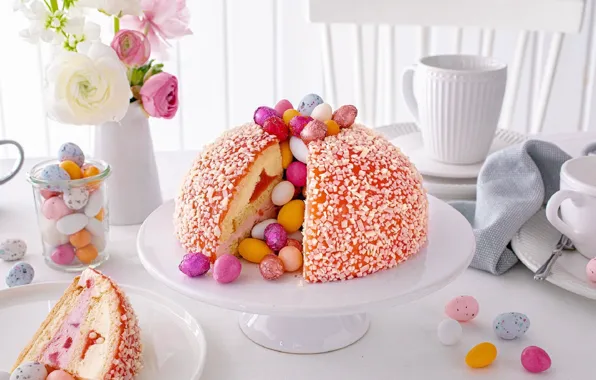 Cake, Easter eggs, on the table, Ranunculus, Easter cake