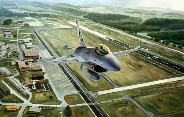Picture aviation, the plane, figure, fighter, the airfield, F-16, F-16
