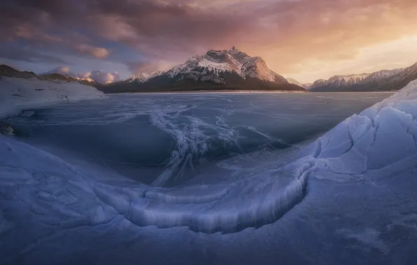 Ice, winter, clouds, snow, mountains, lake, rocks, shore