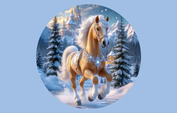 Winter, snow, castle, horse, horse, new year, ate, Christmas
