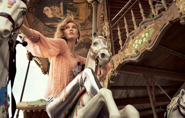 Girl, model, horse, blouse, carousel, Karlie Kloss, Karlie Kloss