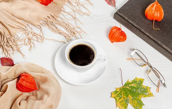 Autumn, sheet, coffee, glasses, Cup, physalis