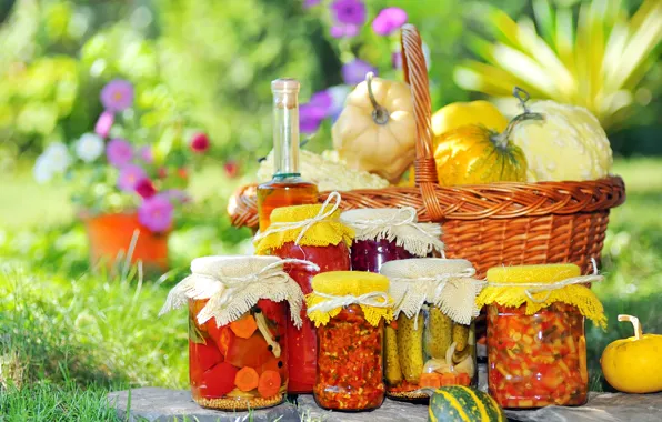 Grass, flowers, basket, oil, jars, pumpkin, tomatoes, carrots