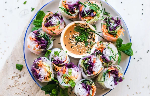 Vegetables, sauce, sesame, rolls