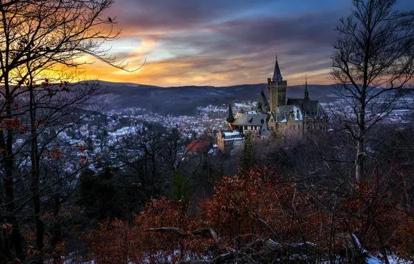 Sunset, the city, Wernigerode Castle