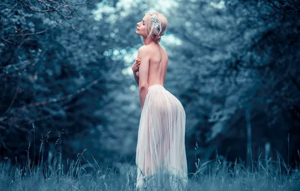 Forest, chest, grass, trees, pose, blue, model, naked