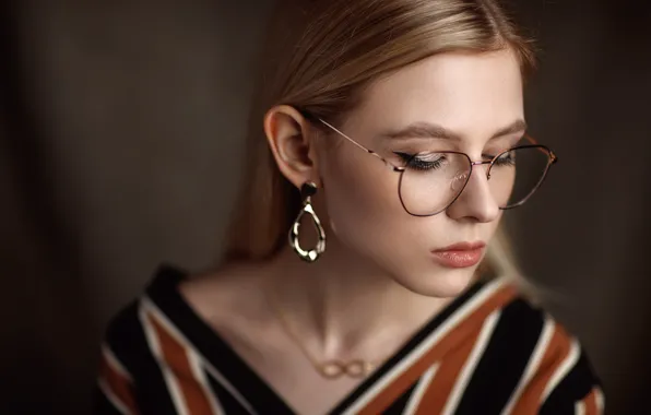 Girl, face, portrait, earrings, glasses, Sergey Sorokin