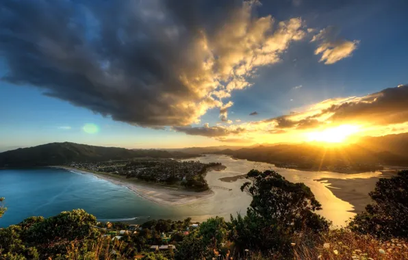 The sky, water, the sun, clouds, landscape, sunset, mountains, nature