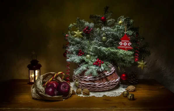 Picture decoration, branches, holiday, basket, apples, toys, new year, Christmas