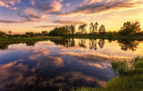 Summer, trees, sunset, nature, reflection, river, Alexey Malygin