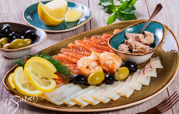 Wallpaper cod liver oil, olives, lemon, cuts, shrimp, fish