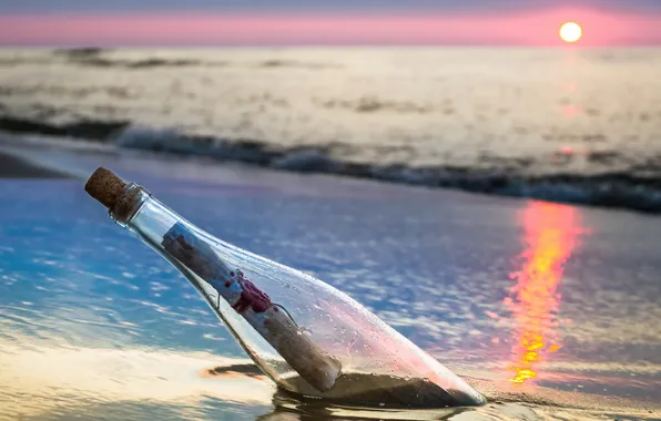 Sea, landscape, sunset, bottle, note