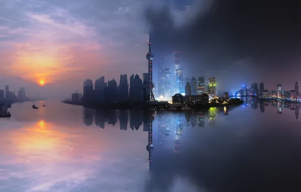 Picture China, Shanghai, City, Light, Clouds, Sky, Sun, Water