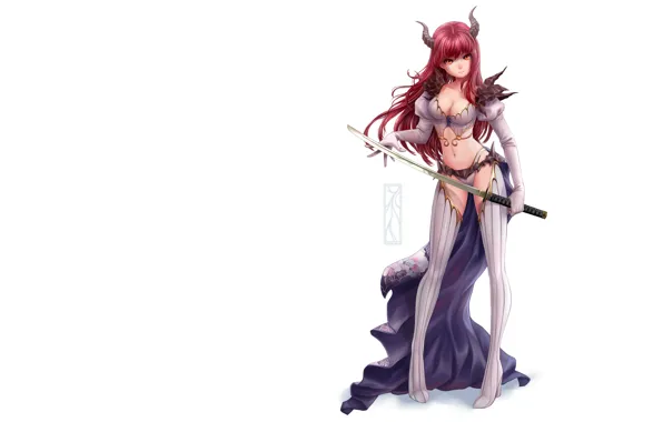 Pose, Girl, minimalism, sword, the demon, costume, horns