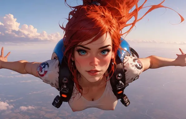 Girl, parachute, red, free fall