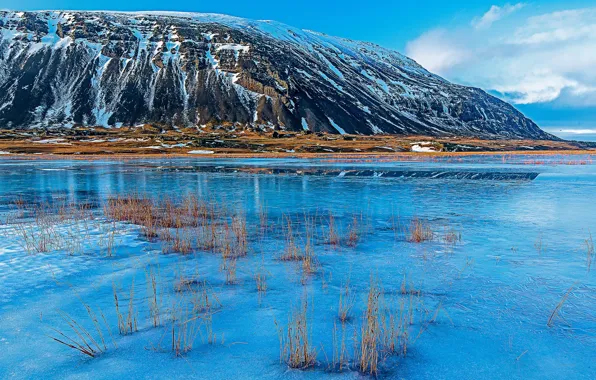Picture snow, mountains, lake, Iceland