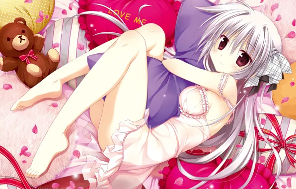 Girl, Bear, Background, Petals, Anime, Pillow, Juuoumujin no Fafnir