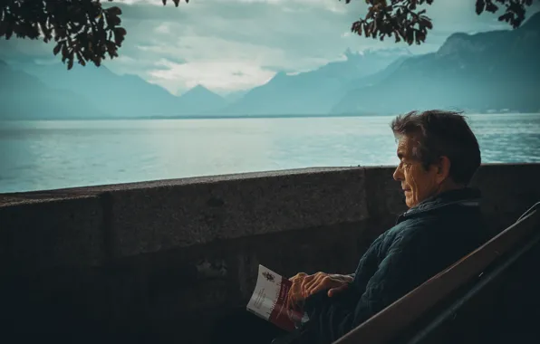 Switzerland, water, lake, leaves, man, liquid, shore, book