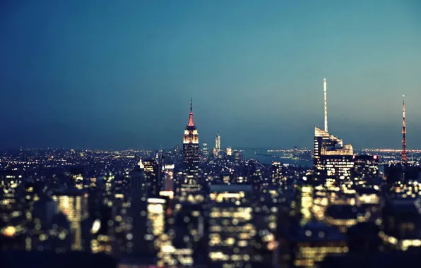 Lights, United States, night, New York, Manhattan, skyscrapers, blue hour, cityscape