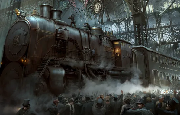 The crowd, station, train, the crash, steam