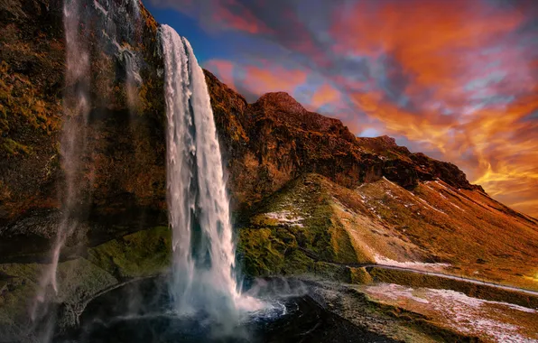 The sky, clouds, landscape, sunset, mountains, nature, rock, waterfall