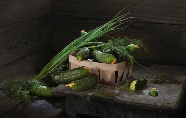 Greens, Board, bow, dill, basket, vegetables, cucumbers, stool