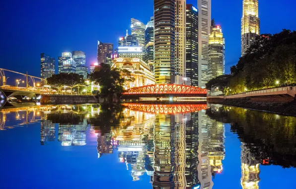 Water, trees, night, lights, reflection, river, building, home