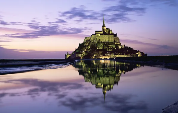 The sky, Clouds, Reflection, Lights, Mountain, Horizon, Castle