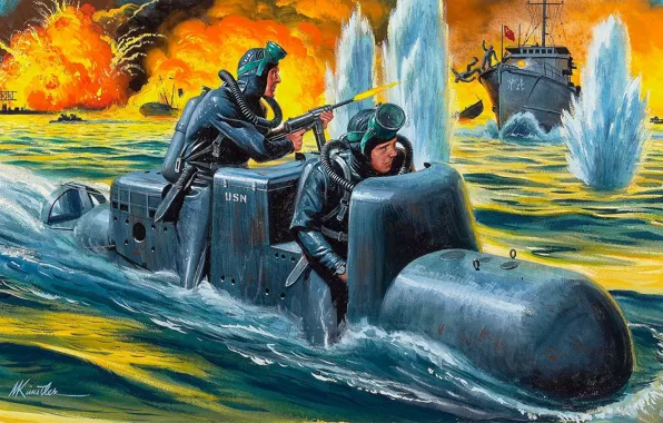 Fire, attack, figure, explosions, ships, art, port, WW2