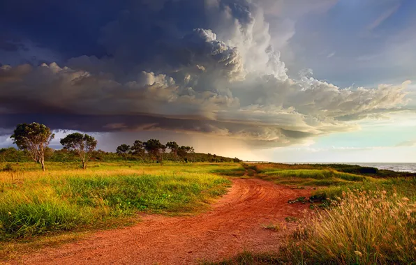 Road, the sky, clouds, clouds, storm, shore, Australia, cyclone