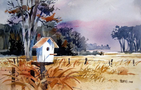 Picture landscape, nature, watercolor