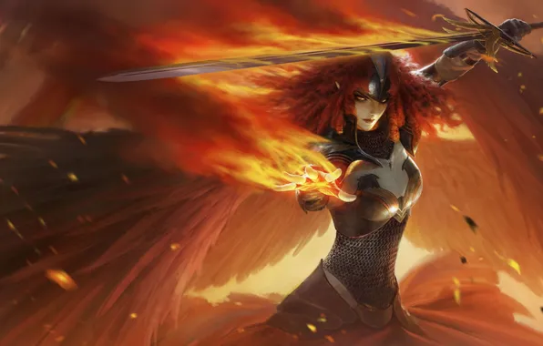 Picture girl, fire, sword, art, red