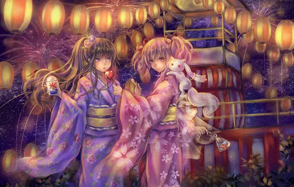 Picture girls, holiday, fish, lights, sweets, fireworks, art, mahou shoujo madoka magica