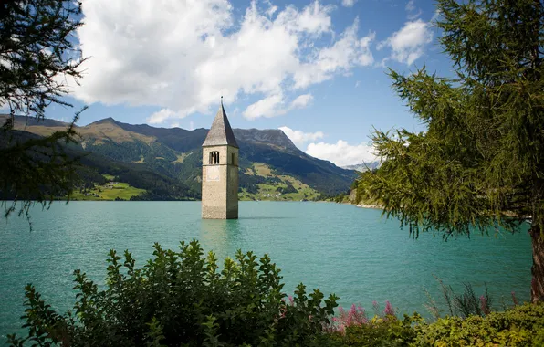 Picture the sky, trees, mountains, lake, tower