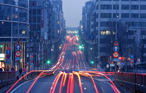 Road, the city, lights, home, New York, the evening, USA, road signs