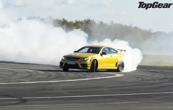 Picture yellow, smoke, skid, supercar, drift, Mercedes, AMG, racing track