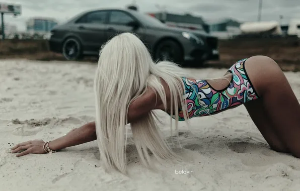 Sand, swimsuit, girl, sexy, pose, figure, blonde, car