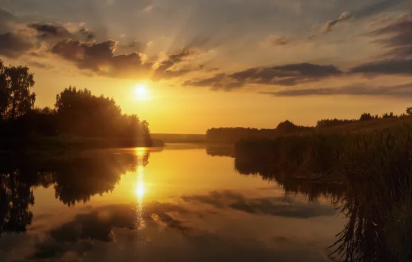 Summer, the sky, rays, sunset, reflection, river, Agoranov Alex