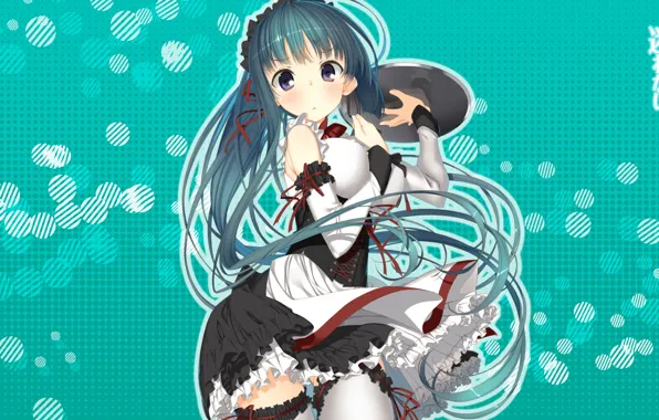 The maid, long hair, uniform, tray, ruffles, embarrassment