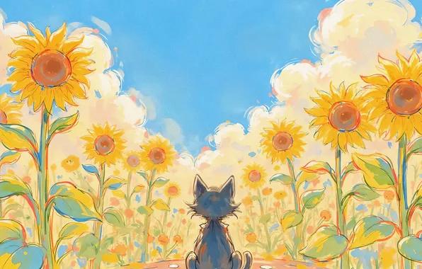 Field, cat, summer, the sky, cat, flowers, nature, pose