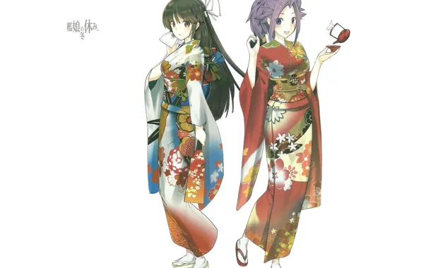 Pattern, white background, kimono, friend, Kantai Collection, Naval Collection, Jun`you, Hiyou