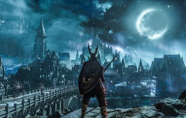 Picture stars, night, city, the city, weapons, the game, armor, moonlight