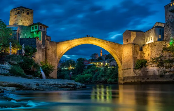 Picture landscape, bridge, the city, river, building, home, the evening, lighting