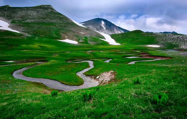 The sky, grass, clouds, mountains, river, stream