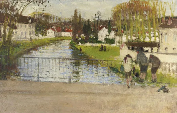 Landscape, bridge, river, picture, Pierre Eugène Montesin, Pierre-Eugene Montezin, Standing on the Bridge of Moret …