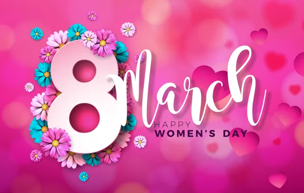 Flowers, happy, March 8, pink, flowers, postcard, spring, celebration