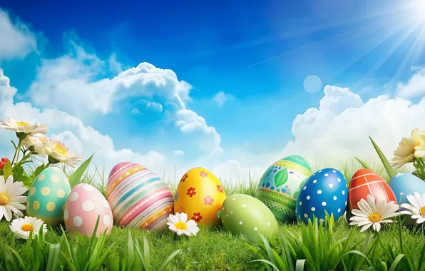 Flowers, eggs, spring, colorful, Easter, happy, flowers, spring