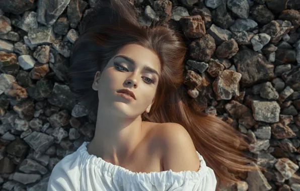 Picture girl, face, pose, stones, mood, hair, portrait, makeup